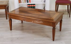 Rectangular living room coffee table in classic style solid walnut with olive wood inlays and drawer